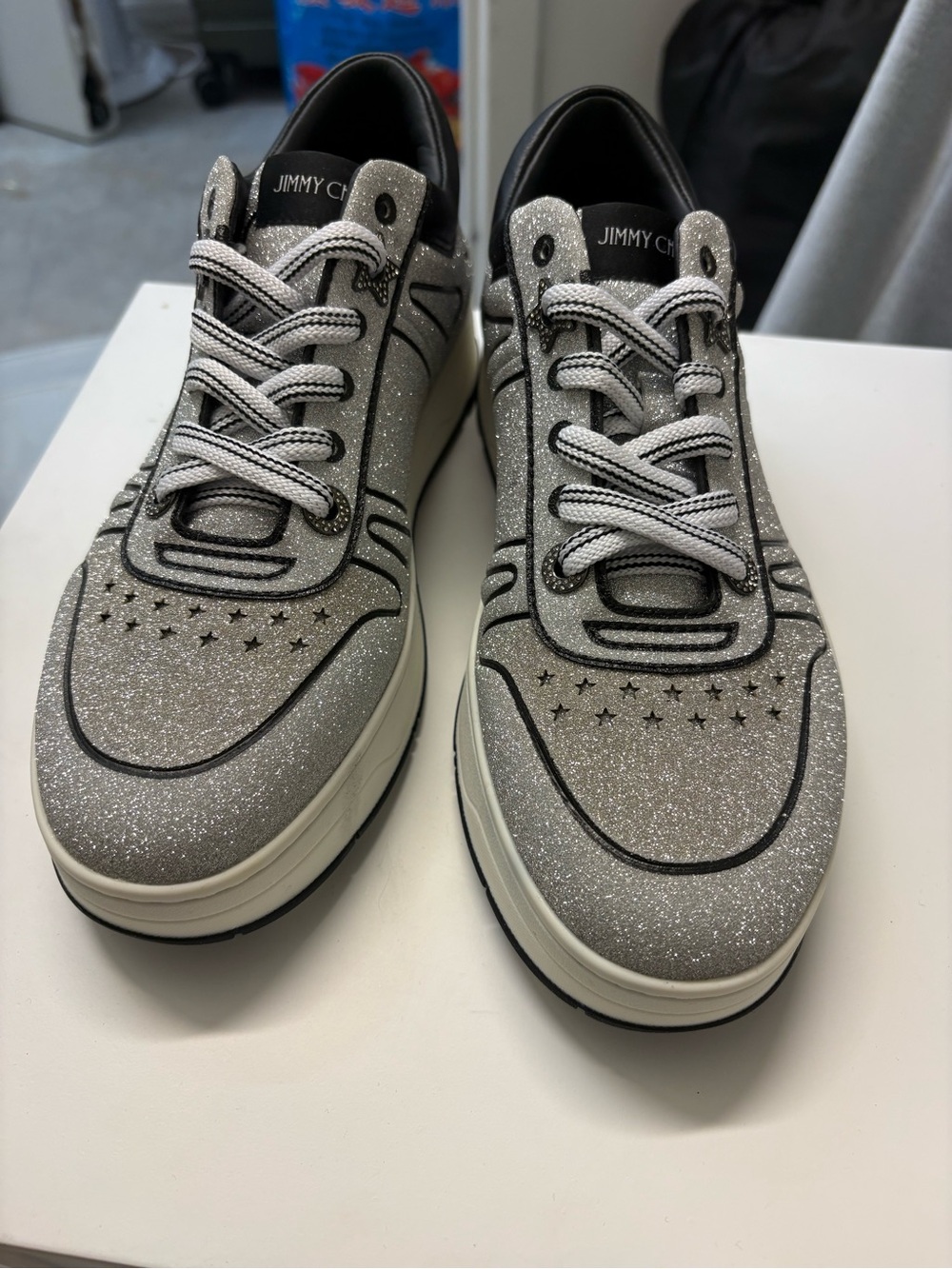 Jimmy Choo Silver Glitter Low-Top Sneakers with Black Trim - Picture 2 of 6